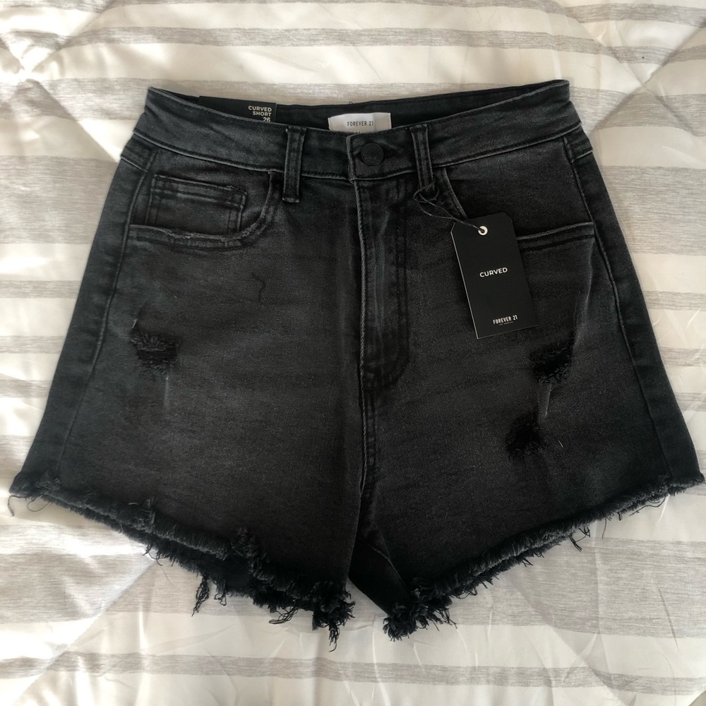 F21 high waisted Curved black denim shorts